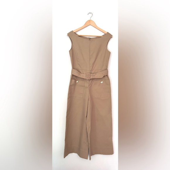 Belted Wide-Leg Jumpsuit Women's Tan Belted Romper cotton blend - Picture 9 of 10